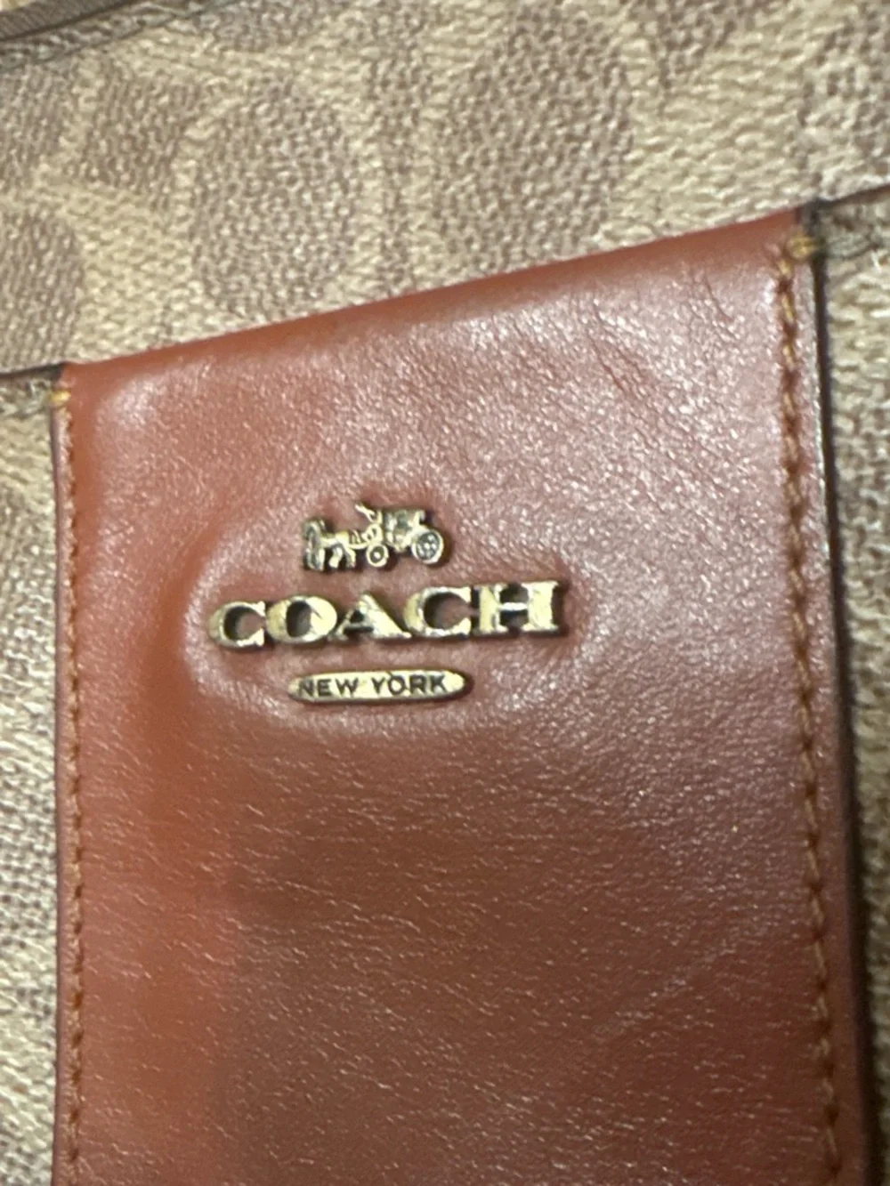 Coach Brown and Tan Signature Crossbody with Leather Stripe